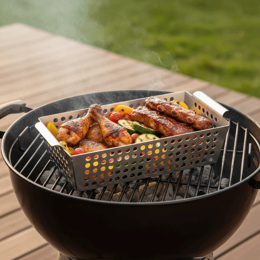Stainless Steel Vegetable Grill Basket Leakage Hole Design Reusable BBQ Tray Double Handle Rectangular Frying Food Holding Pan
Stainless Steel Vegetable Grill Basket Leakage Hole Design Reusable BBQ Tray Double Handle Rectangular Frying Food Holding Pan