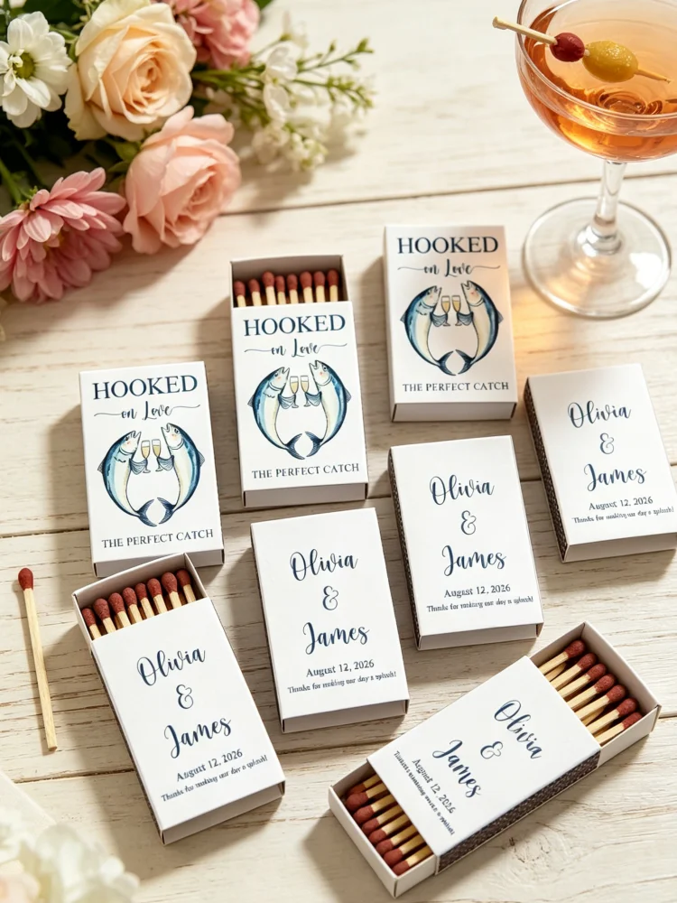 Custom Coastal & Fishing Theme Matchboxes, Hooked on Love Wedding Favors, Personalized Wedding Matches, Lovely Guest Gifts
Custom Coastal & Fishing Theme Matchboxes, Hooked on Love Wedding Favors, Personalized Wedding Matches, Lovely Guest Gifts