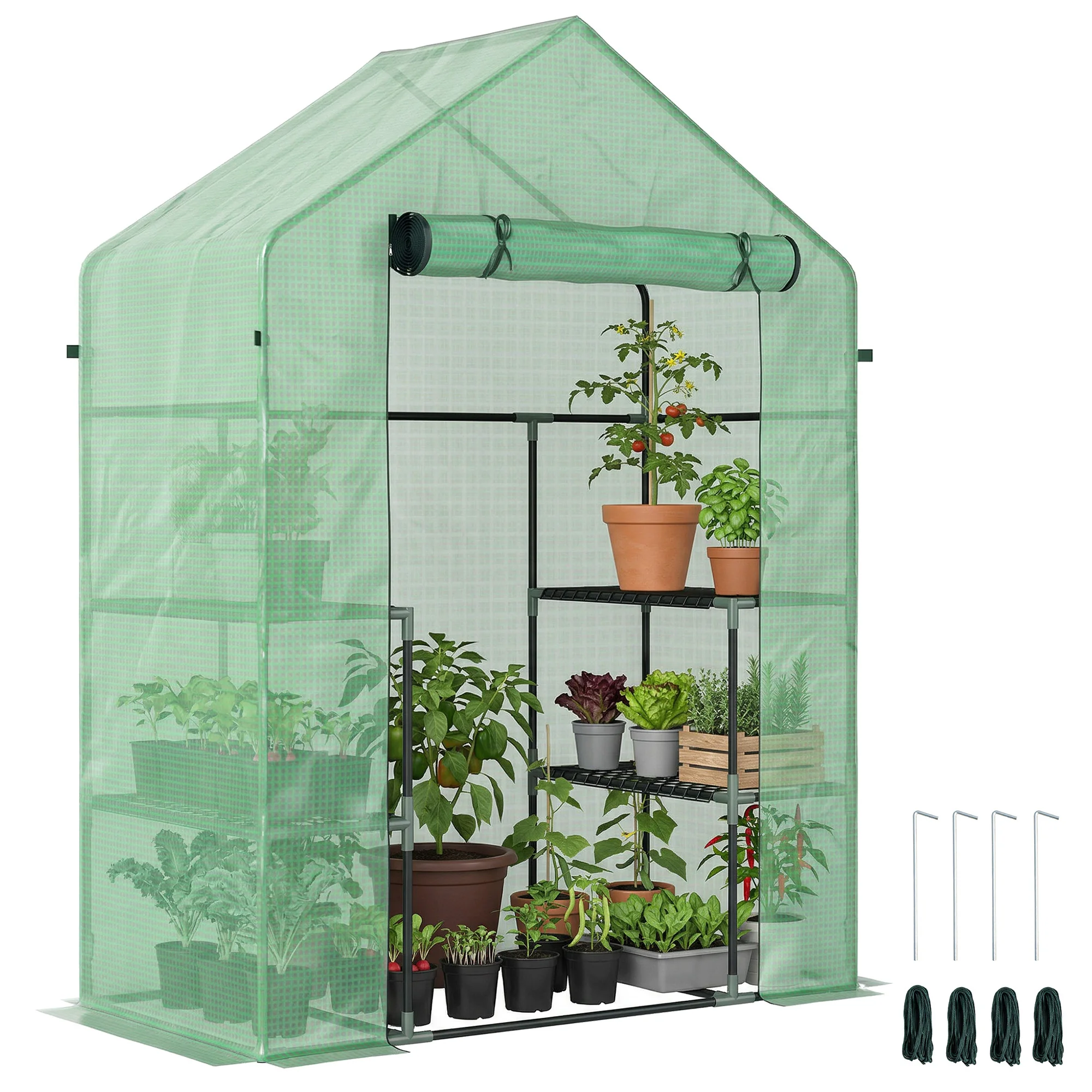56" x 29" x 77" Walk-in Greenhouse, Garden Hot House with 3 Tier Shleves, Roll-Up Door and PE Cover, Green
56" x 29" x 77" Walk-in Greenhouse, Garden Hot House with 3 Tier Shleves, Roll-Up Door and PE Cover, Green