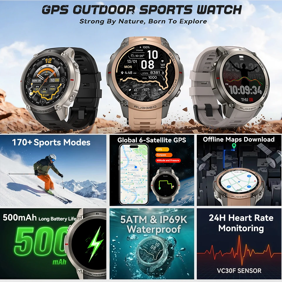 Outdoor Military GPS Smart Watch 5ATM Waterproof Built-in Dual-band GNSS Compass 170+Sport Modes Swim Smart Watches Men 2026 New
Outdoor Military GPS Smart Watch 5ATM Waterproof Built-in Dual-band GNSS Compass 170+Sport Modes Swim Smart Watches Men 2026 New