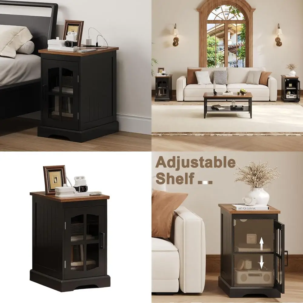 Charging Station Farmhouse Side Table, Adjustable Shelf Nightstand with Glass Door, Black Living/Bedroom Table
Charging Station Farmhouse Side Table, Adjustable Shelf Nightstand with Glass Door, Black Living/Bedroom Table