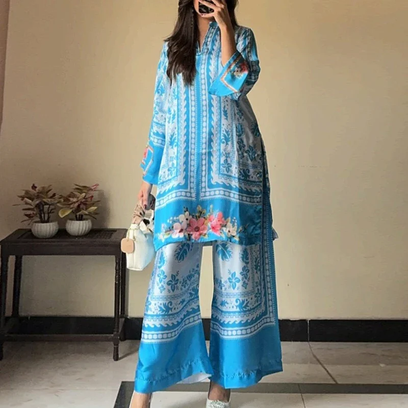 Women Elegant 2Pcs Loose Outfit 2025 All Match Female Set Retro Printed V-Neck Long Sleeved Blouse&Long Pants Temperament Suits
Women Elegant 2Pcs Loose Outfit 2025 All Match Female Set Retro Printed V-Neck Long Sleeved Blouse&Long Pants Temperament Suits