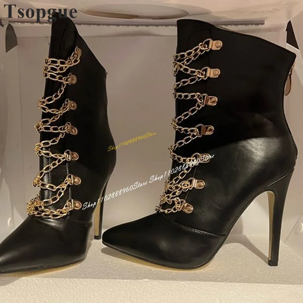Beveled Black Leather Metal Chain Pointy Ankle Boots Thin High Heel Women Shoes Back Zipper Pointed Toe Sexy Casual Women Boots 
Beveled Black Leather Metal Chain Pointy Ankle Boots Thin High Heel Women Shoes Back Zipper Pointed Toe Sexy Casual Women Boots