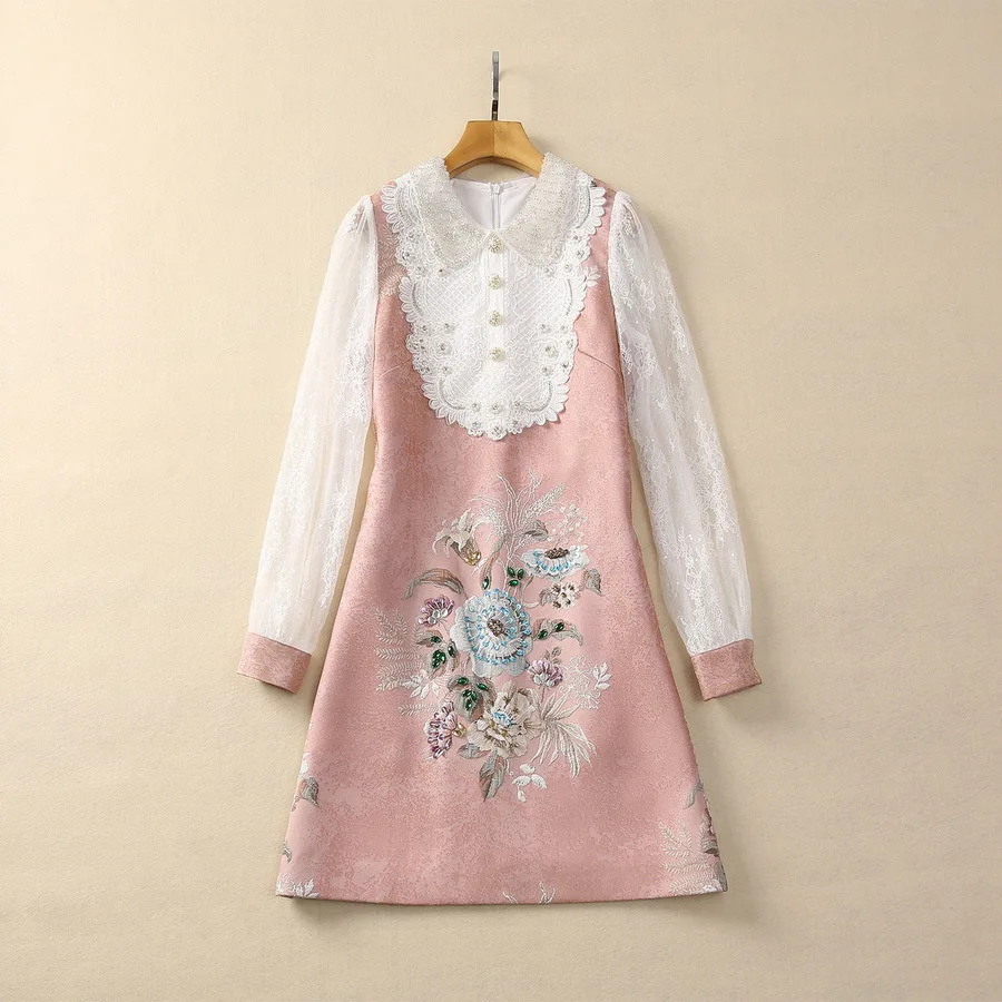 Europe and the United States women's 2024 winter new lapel Long sleeve stitching bead jacquard Pink fashion dress
Europe and the United States women's 2024 winter new lapel Long sleeve stitching bead jacquard Pink fashion dress