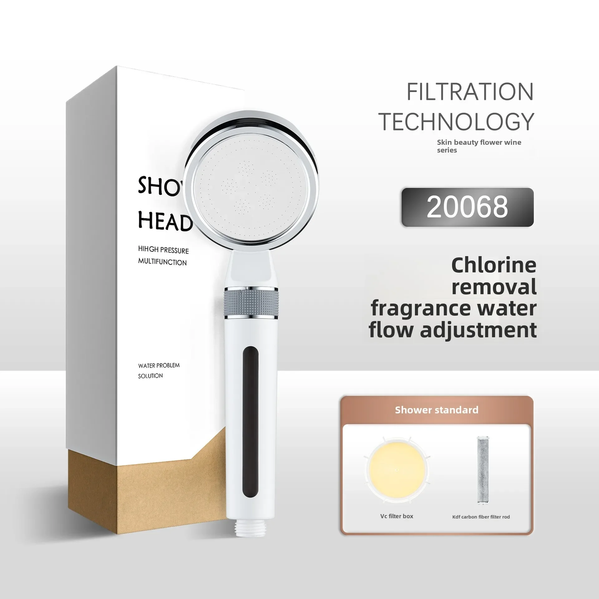 White filter pressurized showerhead, chlorine removal and skin care knob adjustment, water stop steel surface showerhead
White filter pressurized showerhead, chlorine removal and skin care knob adjustment, water stop steel surface showerhead