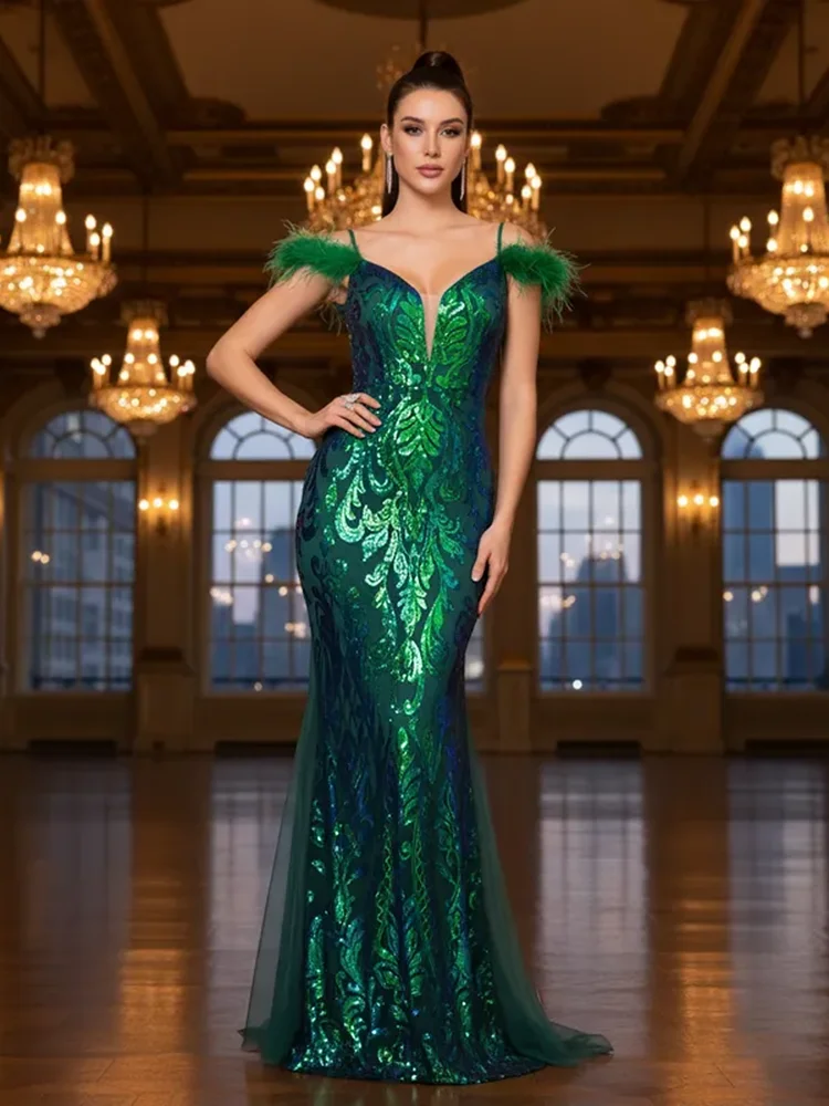 Роскошное зеленое вечернее платье с блестками и перьями, вечернее платье для выпускного вечера с открытыми плечами и открытой спиной, без рукавов
Роскошное зеленое вечернее платье с блестками и перьями, вечернее платье для выпускного вечера с открытыми плечами и открытой спиной, без рукавов
