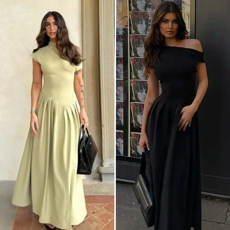 Stylish Elegant Off-Shoulder Pleated Dress Solid Color Short Sleeve Maxi Dress With A Full Skirt Ladies' Banquet Evening Dresses
Stylish Elegant Off-Shoulder Pleated Dress Solid Color Short Sleeve Maxi Dress With A Full Skirt Ladies' Banquet Evening Dresses