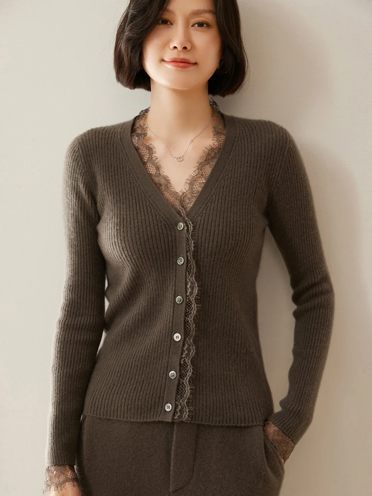 New Chic Women's 100% Cashmere Sweater Lace Design V-neck Cardigan Office Lady Grace Slim Cashmere Knitwear Autumn Winter
New Chic Women's 100% Cashmere Sweater Lace Design V-neck Cardigan Office Lady Grace Slim Cashmere Knitwear Autumn Winter