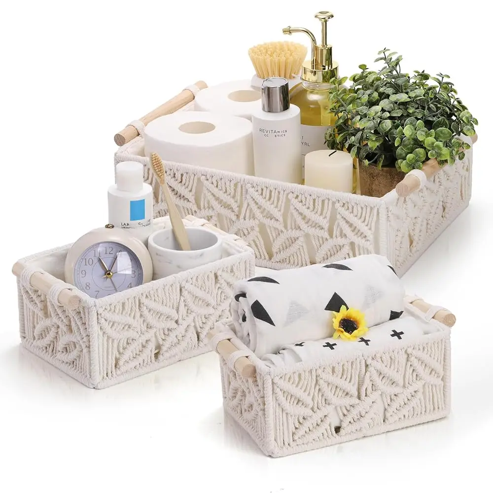 Set Of 3 Rame Storage Basket, Handmade Woven Boho Basket With Cloth Liner And Wooden Handles, Decorative Toilet Tank Shelf
Set Of 3 Rame Storage Basket, Handmade Woven Boho Basket With Cloth Liner And Wooden Handles, Decorative Toilet Tank Shelf