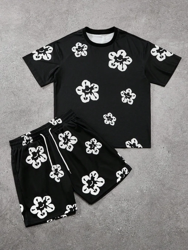 Fashion Men's Black and White Flower Graphic Print T-shirt Shorts 2-piece Set O-neck Short Sleeve Top Elastic Waist Shorts Set
Fashion Men's Black and White Flower Graphic Print T-shirt Shorts 2-piece Set O-neck Short Sleeve Top Elastic Waist Shorts Set