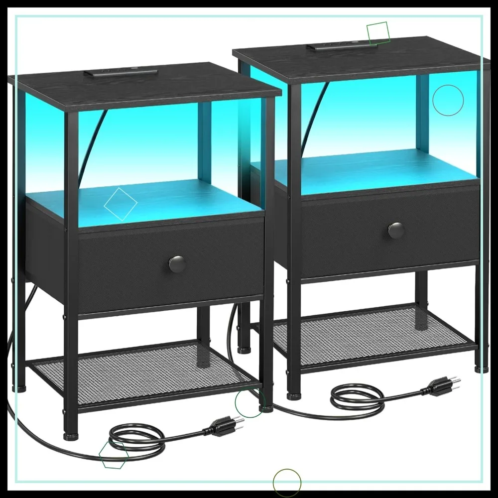 2-Piece LED Nightstand Set with Charging Station, Fabric Drawer End Tables for Bedroom and Living Room in Black
2-Piece LED Nightstand Set with Charging Station, Fabric Drawer End Tables for Bedroom and Living Room in Black