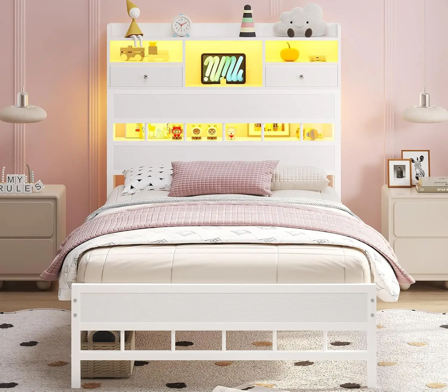 Двуспальная кровать-платформа с LED-подсветкой, зарядной станцией, 5 полками, 2 ящиками для хранения, для детей, без пружинного блока, белая, на заказ
Двуспальная кровать-платформа с LED-подсветкой, зарядной станцией, 5 полками, 2 ящиками для хранения, для детей, без пружинного блока, белая, на заказ