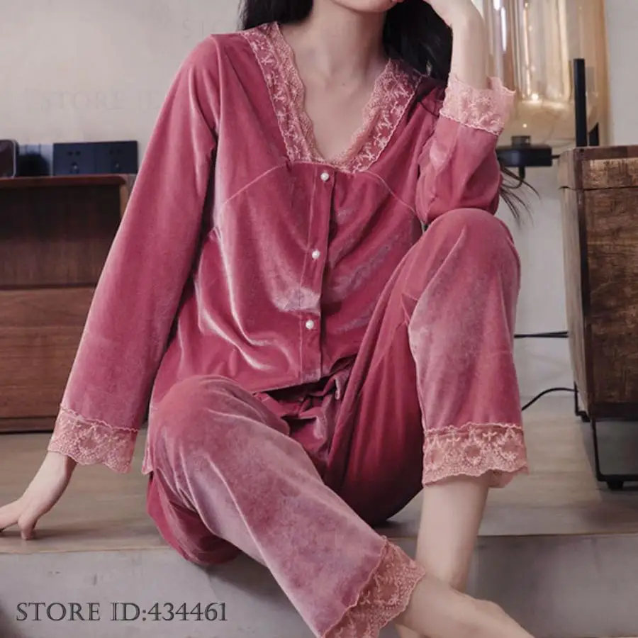 Autumn Winter New Velvet 2PCS Pajamas Set Women's Sleepwear Sexy Lace Trim Trouser Suit Loungewear Loose Velour Pyjama Homewear
Autumn Winter New Velvet 2PCS Pajamas Set Women's Sleepwear Sexy Lace Trim Trouser Suit Loungewear Loose Velour Pyjama Homewear