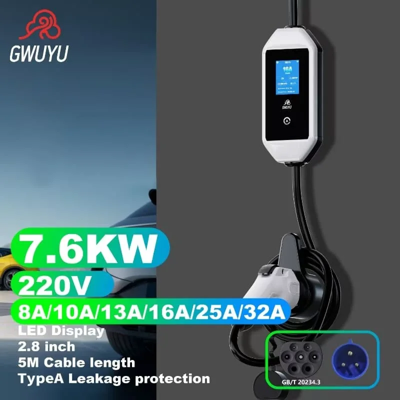 GWUYU 7kw 32A 3.5kw 16A High Speed EV Portable Charger GB/T 20234.3 EV Charging Cable 5M with 2.8 Inch LED Screen For Home
GWUYU 7kw 32A 3.5kw 16A High Speed EV Portable Charger GB/T 20234.3 EV Charging Cable 5M with 2.8 Inch LED Screen For Home