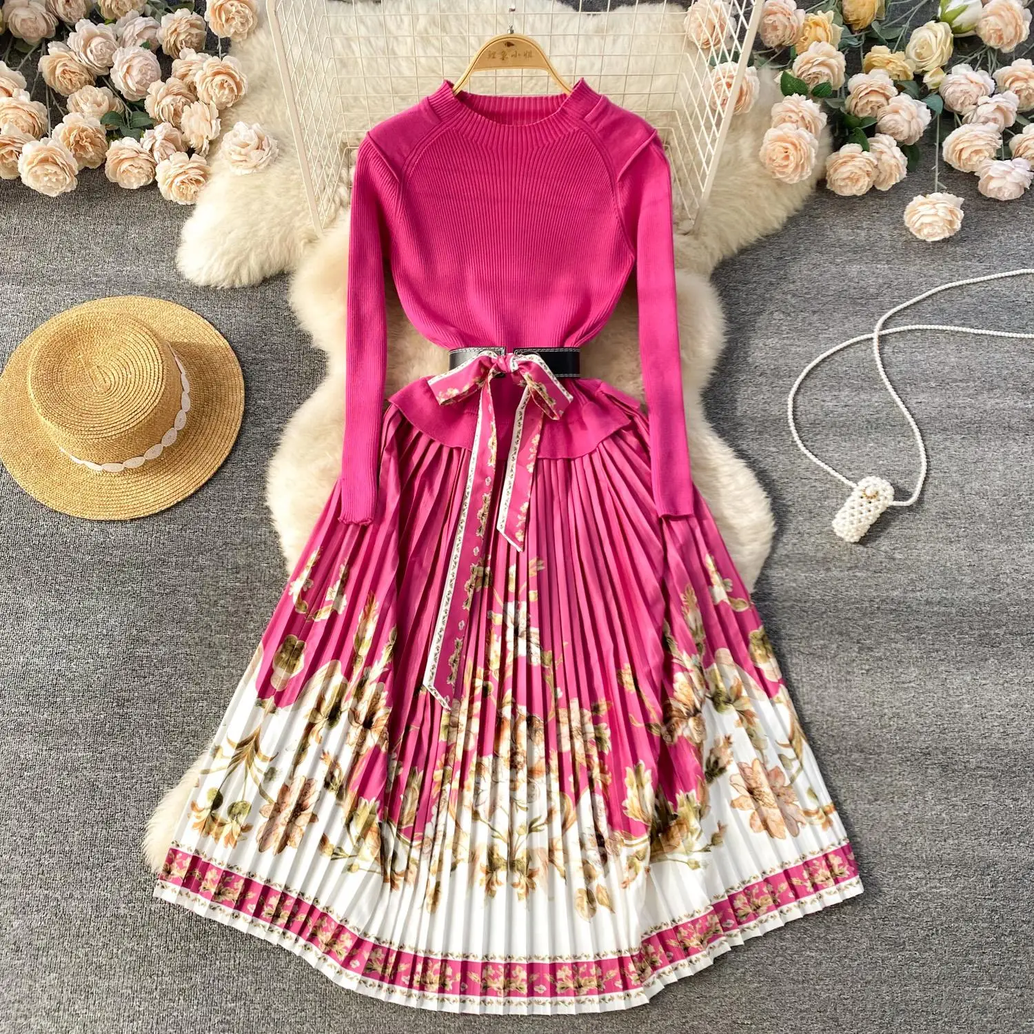 Autumn Women Fashion Stitching Flower Pleated Sweater Dress Elegant Long Sleeve OL Midi Knitted Runway Vestidos Robes 8572
Autumn Women Fashion Stitching Flower Pleated Sweater Dress Elegant Long Sleeve OL Midi Knitted Runway Vestidos Robes 8572
