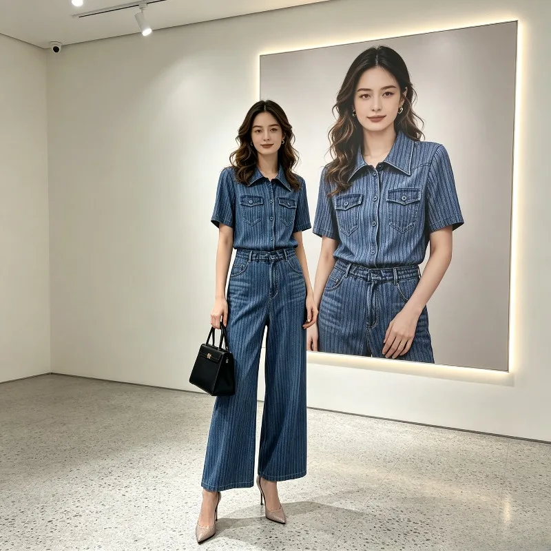 Miyake Pleated Retro Vertical Striped Faux Denim Set Short Sleeve Shirt High Waist Two-tone Wide-leg Pants Two-piece Set Pleat
Miyake Pleated Retro Vertical Striped Faux Denim Set Short Sleeve Shirt High Waist Two-tone Wide-leg Pants Two-piece Set Pleat