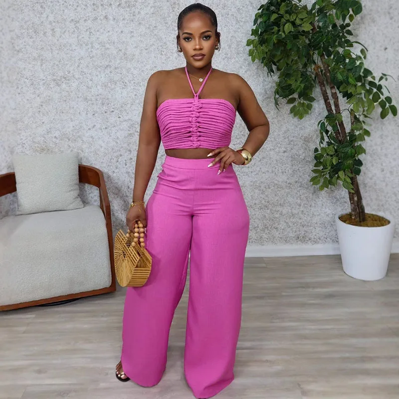 Sexy Night Club Outfits for Women Two Piece Set Elegant Halter Backless Strapless Crop Top and Wide Leg Pants Matching Sets Rave
Sexy Night Club Outfits for Women Two Piece Set Elegant Halter Backless Strapless Crop Top and Wide Leg Pants Matching Sets Rave