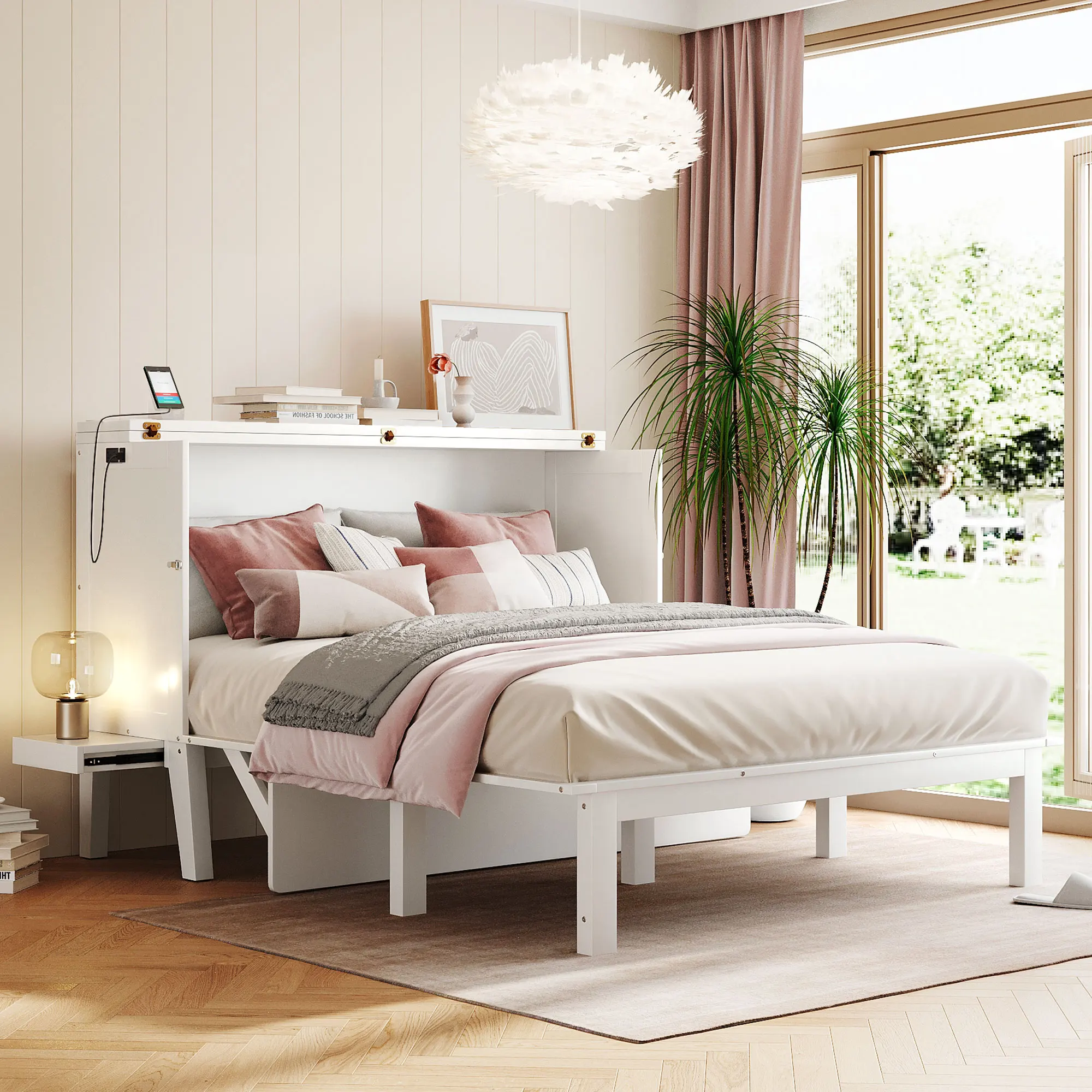 Queen Size Murphy Bed with USB Port, Removable Shelves on Each Side, White 80.30x61x45.90 in.
Queen Size Murphy Bed with USB Port, Removable Shelves on Each Side, White 80.30x61x45.90 in.