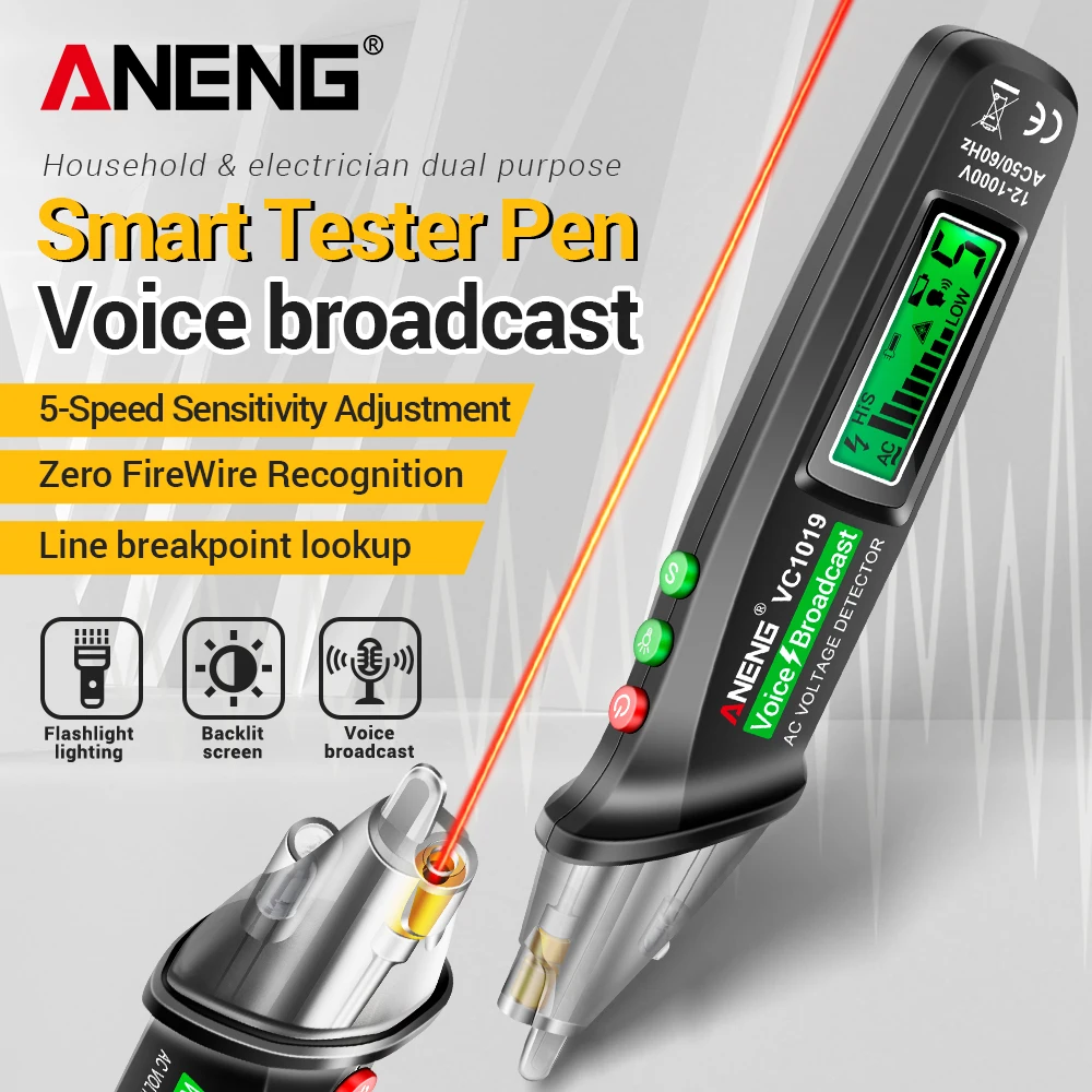 Интеллектуальный тестер-ручка ANENG VC1019 с голосовым оповещением, инфракрасным лазерным датчиком и функцией позиционирования, 12В-1000В, профессиональный портативный инструмент
Интеллектуальный тестер-ручка ANENG VC1019 с голосовым оповещением, инфракрасным лазерным датчиком и функцией позиционирования, 12В-1000В, профессиональный портативный инструмент