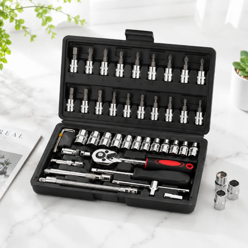 46PCS Socket Ratchet Wrench Set, 1/4 Inch Drive with Metric Bit Sockets and Extension Bars, Heavy Duty Professional Auto Repair
46PCS Socket Ratchet Wrench Set, 1/4 Inch Drive with Metric Bit Sockets and Extension Bars, Heavy Duty Professional Auto Repair