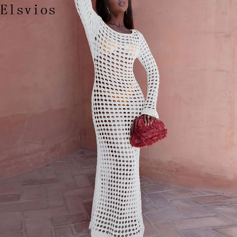 Women Elegant Hollow Knit Cover Up Dress Fashion O-neck Long Sleeve Sun Protection Dress Casual Loose Solid Swimwear Long Dress
Women Elegant Hollow Knit Cover Up Dress Fashion O-neck Long Sleeve Sun Protection Dress Casual Loose Solid Swimwear Long Dress