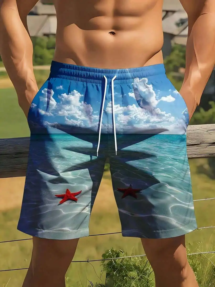 Mens Beach Shorts With Ocean Sky Print And Starfish Design Swim Trunks Summer Vacation
Mens Beach Shorts With Ocean Sky Print And Starfish Design Swim Trunks Summer Vacation