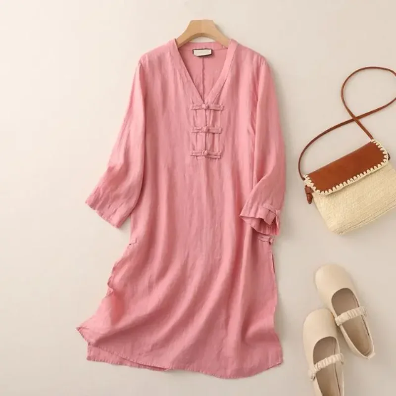 Women's New Chinese Linen Cotton Tunic V-neck Frog Button 3/4 Sleeve Loose Blouse
Women's New Chinese Linen Cotton Tunic V-neck Frog Button 3/4 Sleeve Loose Blouse