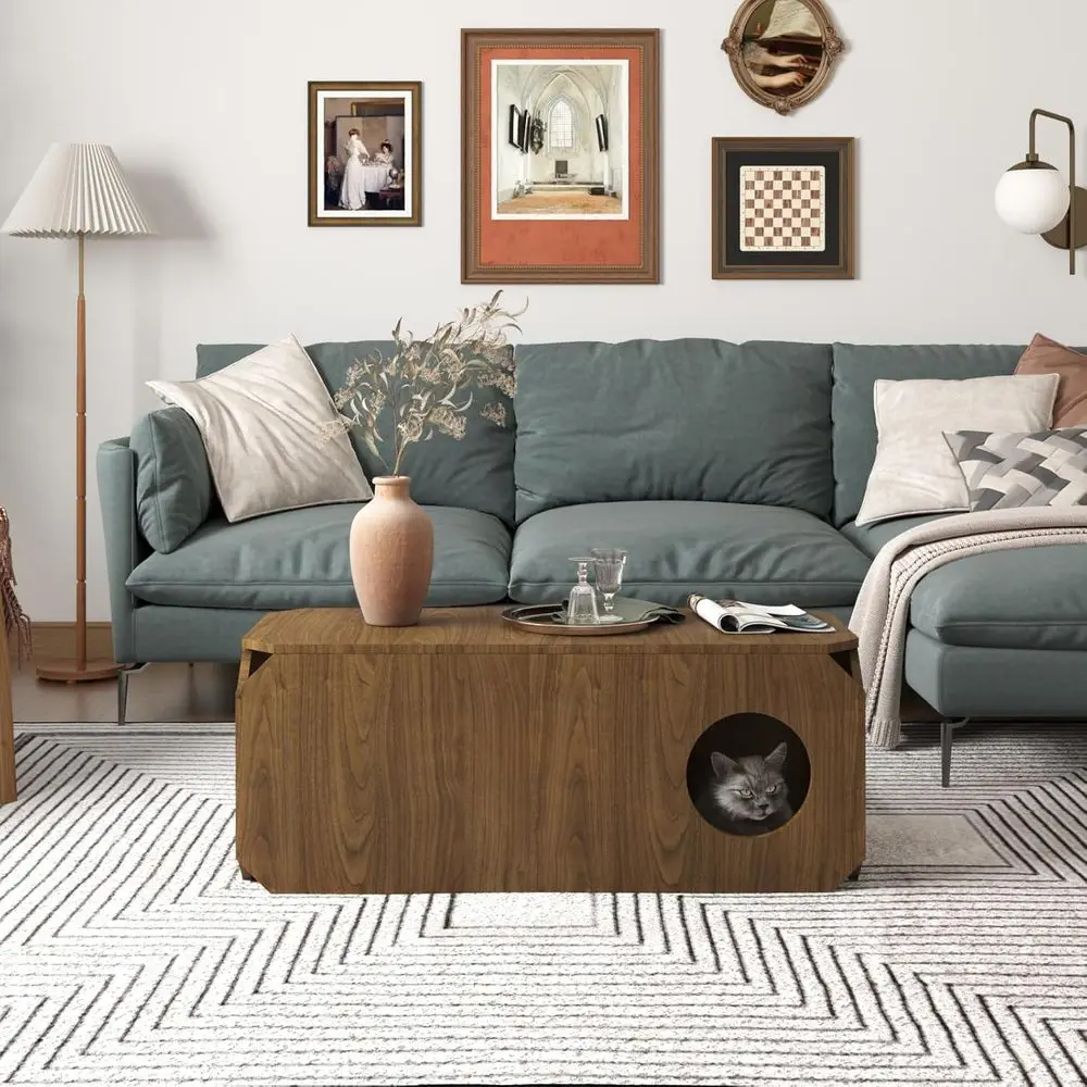 Rustic Pet-Friendly Coffee Table with 39.6 Wooden Center, Arched Cutouts, and Multi-Entrances for Cats & Dogs (Walnut)
Rustic Pet-Friendly Coffee Table with 39.6 Wooden Center, Arched Cutouts, and Multi-Entrances for Cats & Dogs (Walnut)