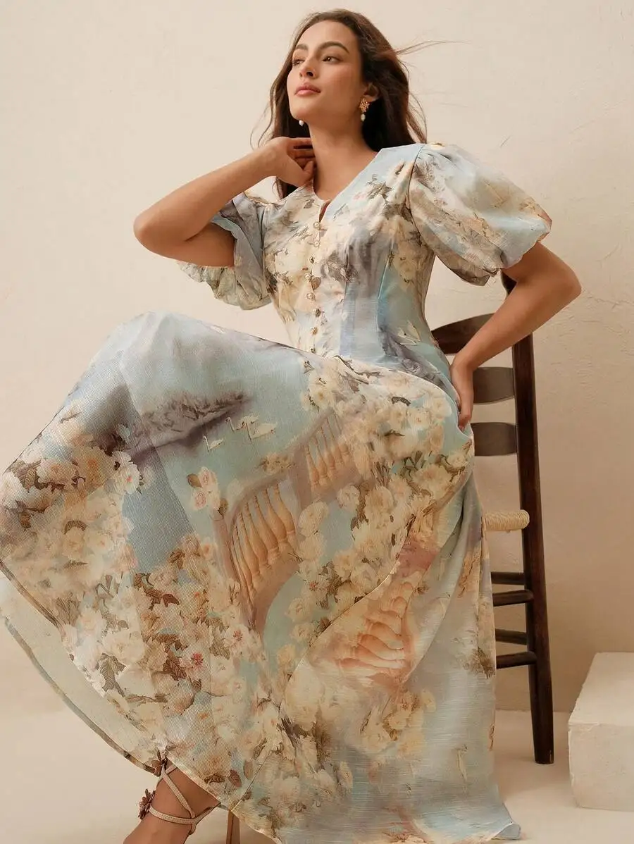 V-Neck A-Line Floral Dress With Puffed Sleeves, Pearl Buttons, And Pastel Watercolor Print For Women
V-Neck A-Line Floral Dress With Puffed Sleeves, Pearl Buttons, And Pastel Watercolor Print For Women