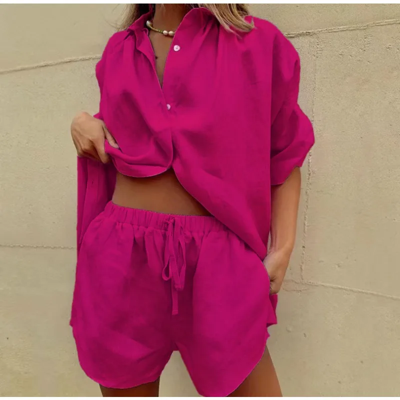 Solid Color Single-breasted Short-sleeved Shirt Two-piece Set Wide-leg Pants Lace-up Shorts Europe and America 2026 Summer New
Solid Color Single-breasted Short-sleeved Shirt Two-piece Set Wide-leg Pants Lace-up Shorts Europe and America 2026 Summer New