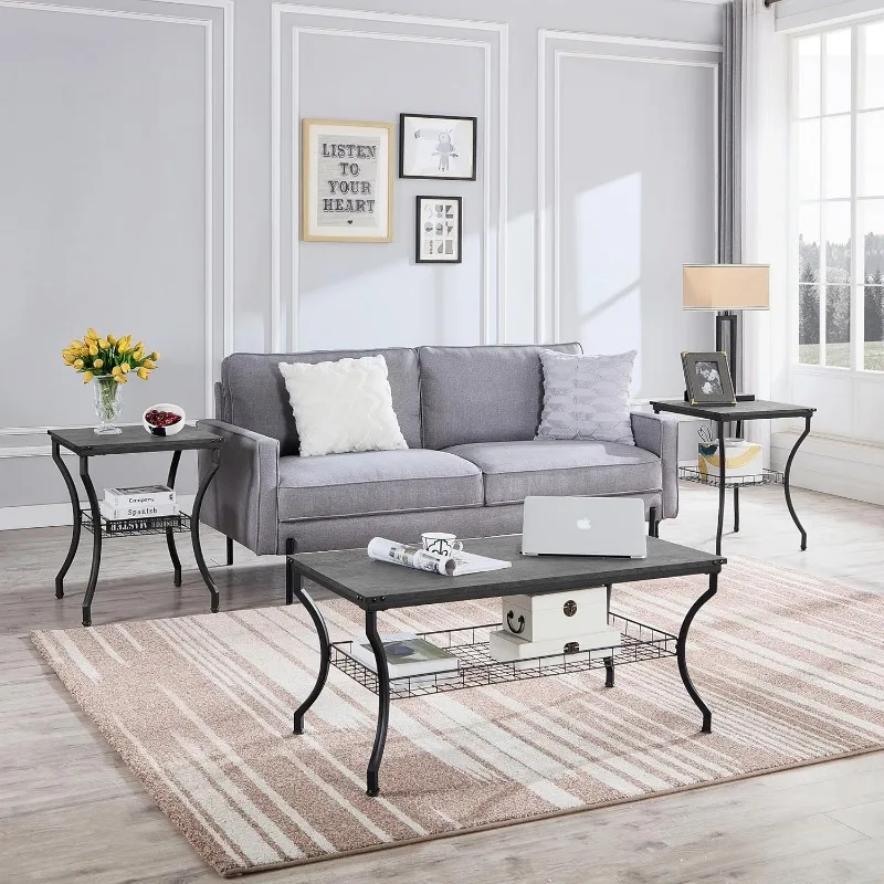 3 Pieces Living Room Sets Coffee and End Tables with Open Storage Shelves for Apartment, Home Office
3 Pieces Living Room Sets Coffee and End Tables with Open Storage Shelves for Apartment, Home Office