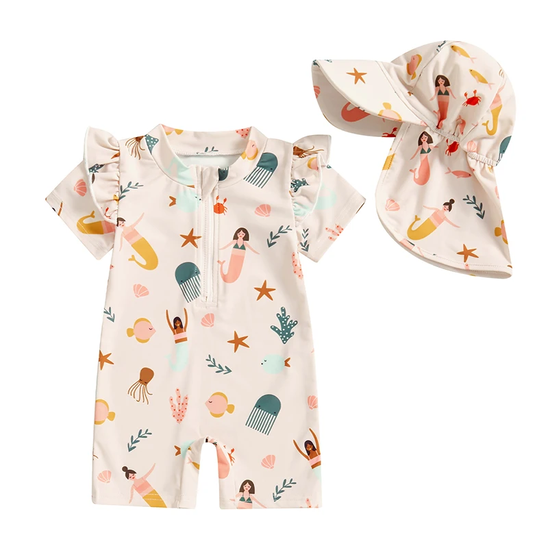 Toddler Girls Rash Guard Swimsuit Playsuits Short Sleeve Mermaid Shell Print Kids Bathing Suit with Swim Cap
Toddler Girls Rash Guard Swimsuit Playsuits Short Sleeve Mermaid Shell Print Kids Bathing Suit with Swim Cap