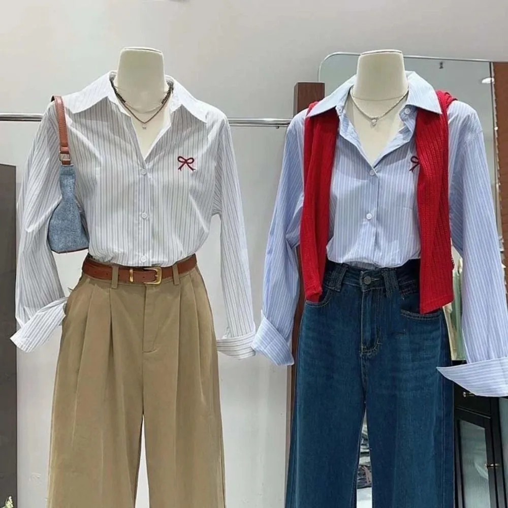 Y2K Striped Button Up Shirts Preppy Style Loose Stripe Blouse Women Embroidery Bowknot Spring Autumn Long Sleeve Blouse
Y2K Striped Button Up Shirts Preppy Style Loose Stripe Blouse Women Embroidery Bowknot Spring Autumn Long Sleeve Blouse