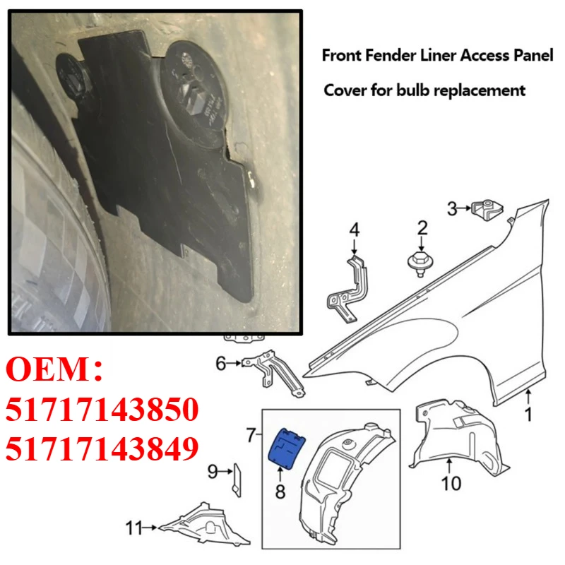 Suitable for BMW E82 E88 E90 E91 Front Wheel Arch Fender Liner Access Panel Lid Cover OEM:51717143850 51717143849
Suitable for BMW E82 E88 E90 E91 Front Wheel Arch Fender Liner Access Panel Lid Cover OEM:51717143850 51717143849