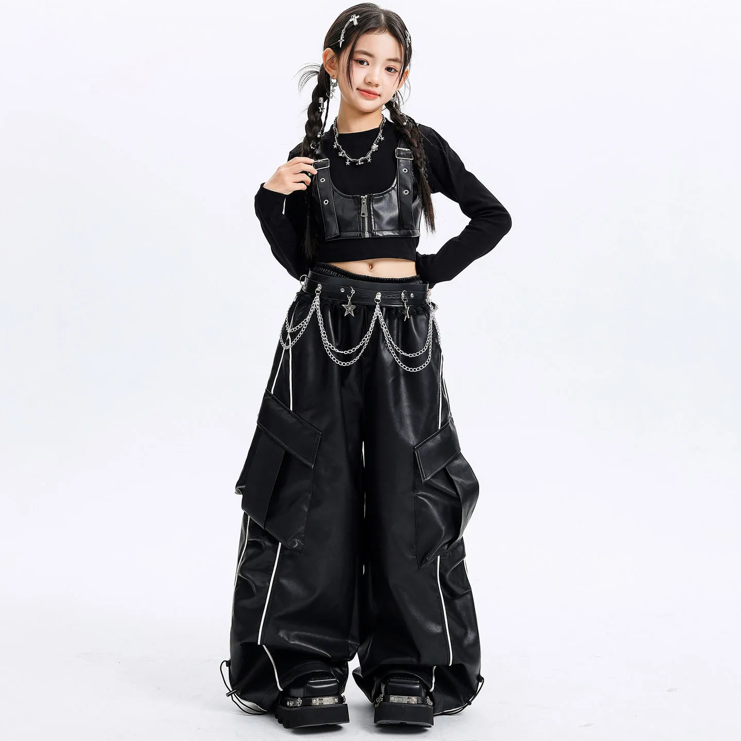 Kid Kpop Hip Hop Clothing Black Crop Faux Leather Vest T Shirt Top PU Striped Cargo Pants for Girl Street Dance Costume Clothes
Kid Kpop Hip Hop Clothing Black Crop Faux Leather Vest T Shirt Top PU Striped Cargo Pants for Girl Street Dance Costume Clothes