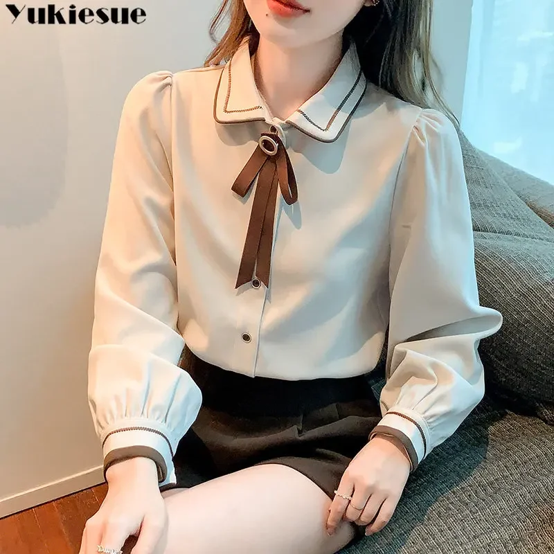 Spring Women Shirt Long-sleeved Lace Up Chiffon Shirts New Fashion Contrast Clothing Bowknot Elegant Womens Design sense Tops
Spring Women Shirt Long-sleeved Lace Up Chiffon Shirts New Fashion Contrast Clothing Bowknot Elegant Womens Design sense Tops
