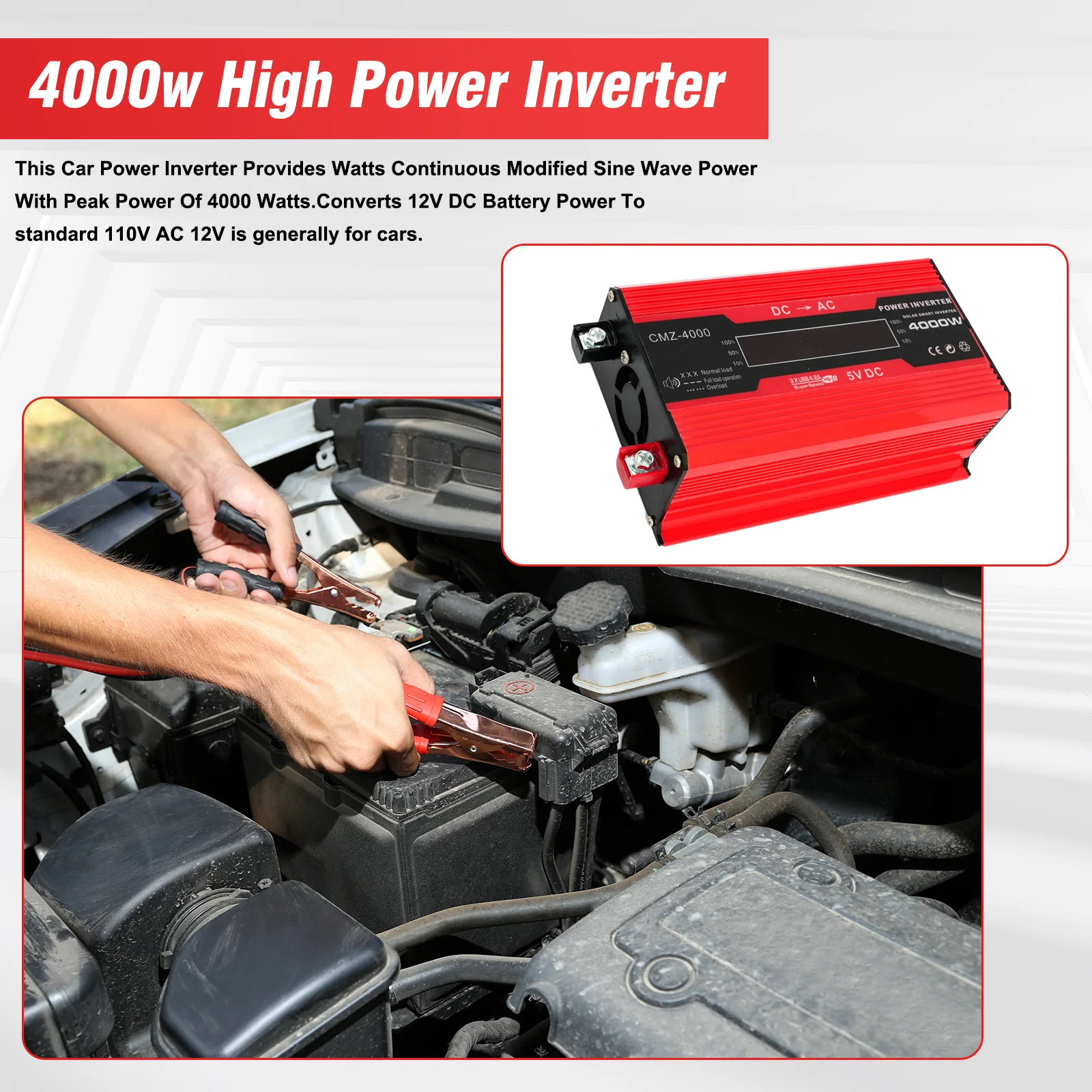 4000W Car Power Inverter Converter DC 12V to AC 110V Intelligent Color Display Dual 4.2A USB Fast Charging for Car
4000W Car Power Inverter Converter DC 12V to AC 110V Intelligent Color Display Dual 4.2A USB Fast Charging for Car