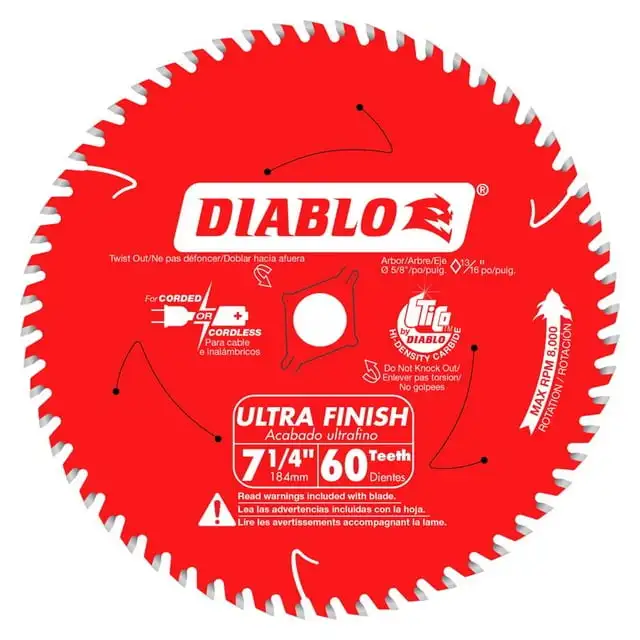 Diablo 7-1/4 in. Dia. x 5/8 in. Carbide Tip Titanium Circular Saw Blade 60 teeth 1 pc.
Diablo 7-1/4 in. Dia. x 5/8 in. Carbide Tip Titanium Circular Saw Blade 60 teeth 1 pc.