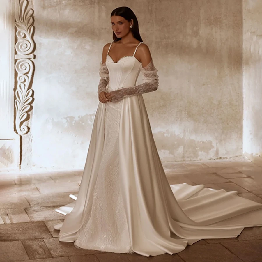 Customized Sweetheart With Peals 3/4 Sleeveless A-line Wedding Dress Backless Satin Skirt With Lace Zipper Bridal Gowns
Customized Sweetheart With Peals 3/4 Sleeveless A-line Wedding Dress Backless Satin Skirt With Lace Zipper Bridal Gowns