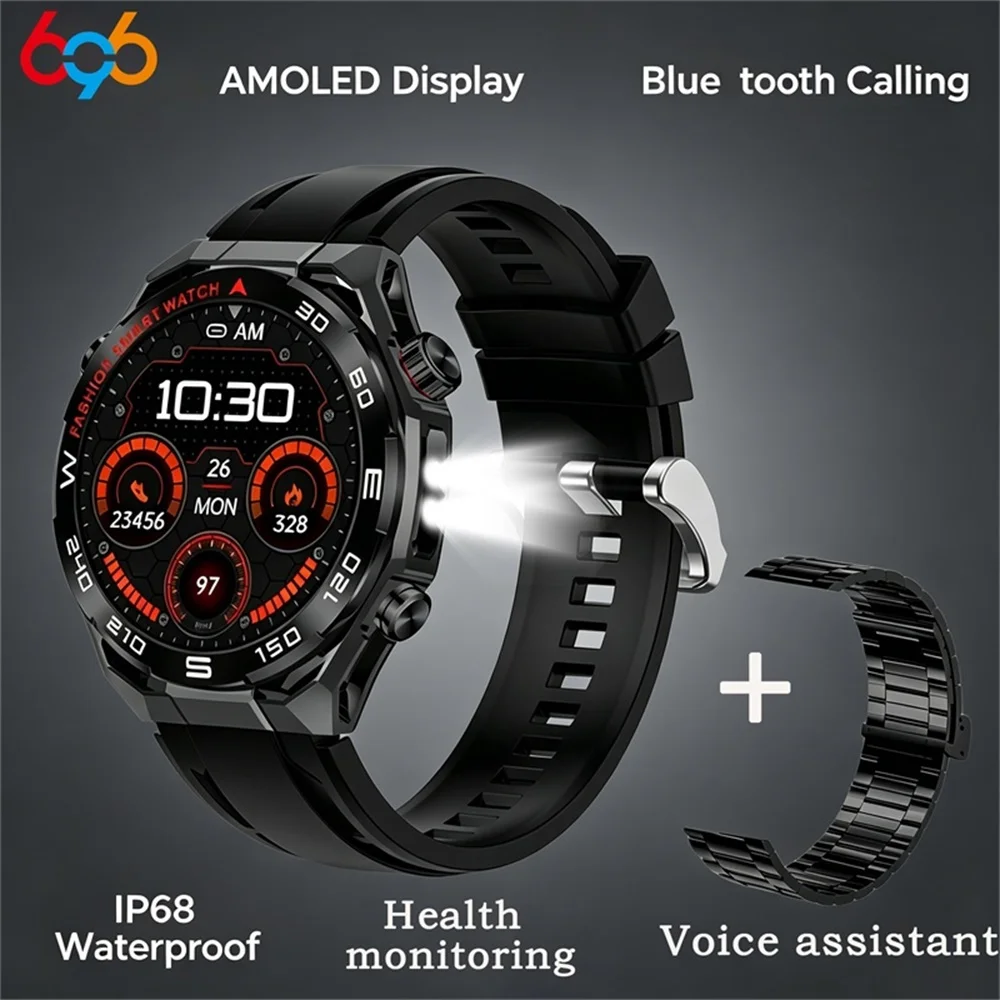 New Outdoor Sports Smart Watch LED Flashlight Waterproof Health Watches AMOLED Screen Blue Tooth Call Voice Assistant Smartwatch
New Outdoor Sports Smart Watch LED Flashlight Waterproof Health Watches AMOLED Screen Blue Tooth Call Voice Assistant Smartwatch