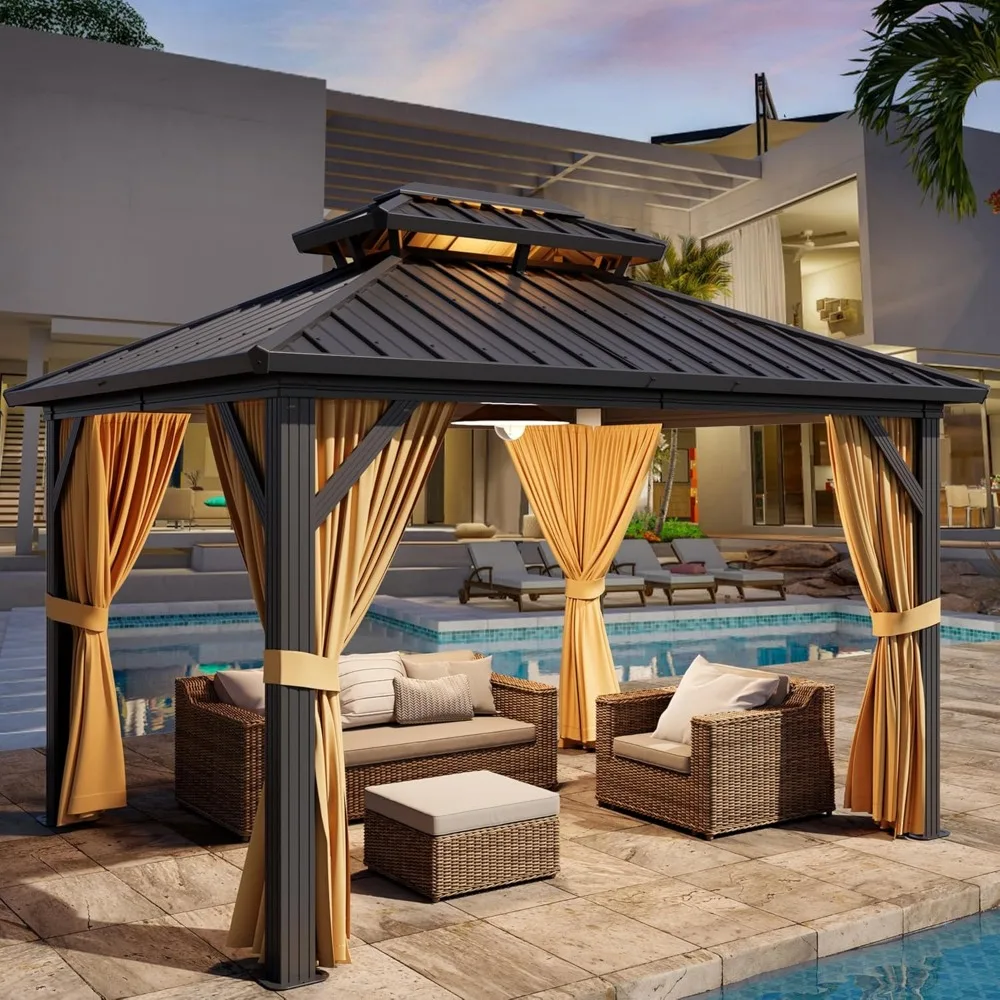 10 x12ft Hardtop Gazebo with Nettings & Curtains, Durable Galvanized Steel Frame and Vertical Striped Canopy for Patio Backyard
10 x12ft Hardtop Gazebo with Nettings & Curtains, Durable Galvanized Steel Frame and Vertical Striped Canopy for Patio Backyard