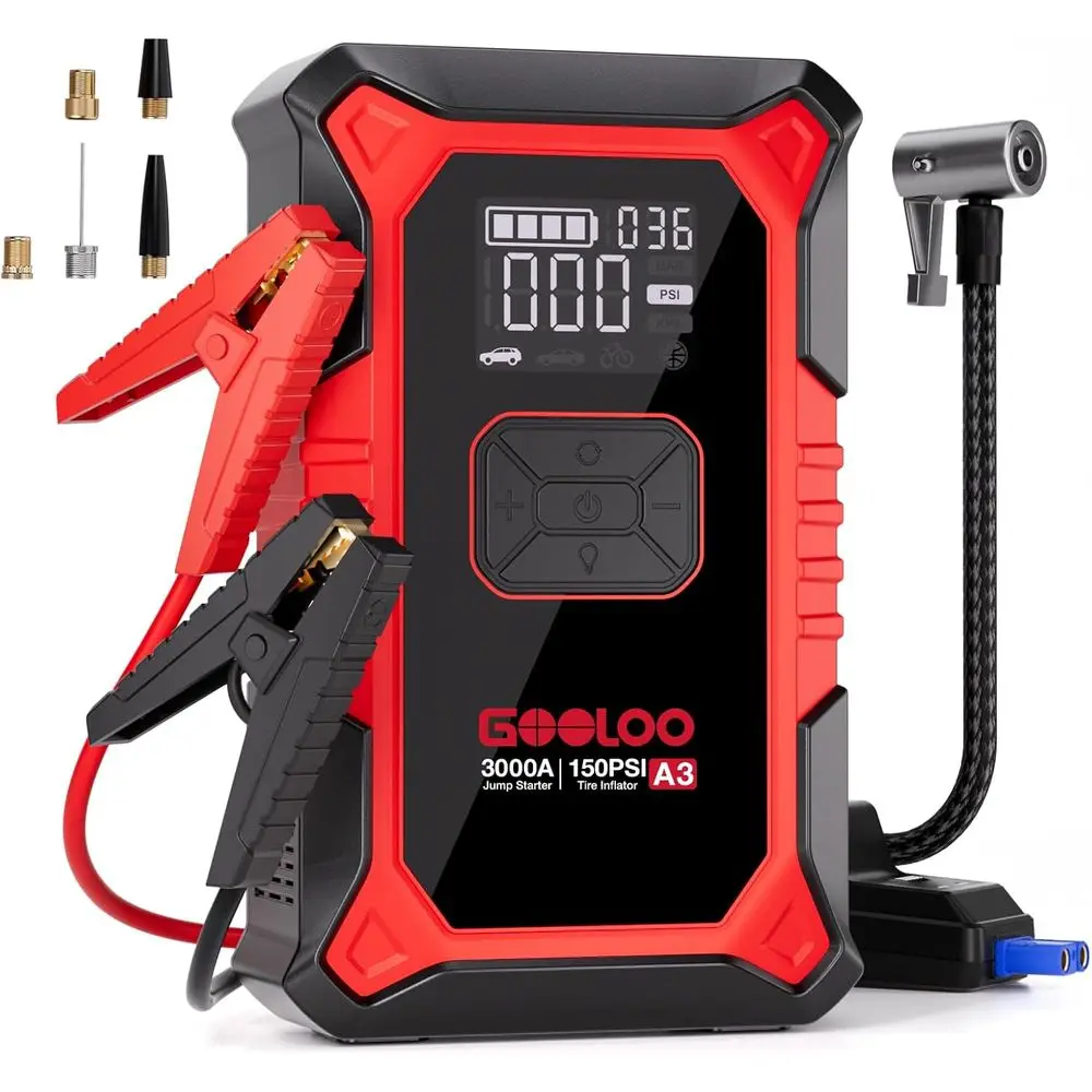 3000A Portable Car Jump Starter with Air Compressor and 150PSI Auto-Inflator Tire Gauge
3000A Portable Car Jump Starter with Air Compressor and 150PSI Auto-Inflator Tire Gauge