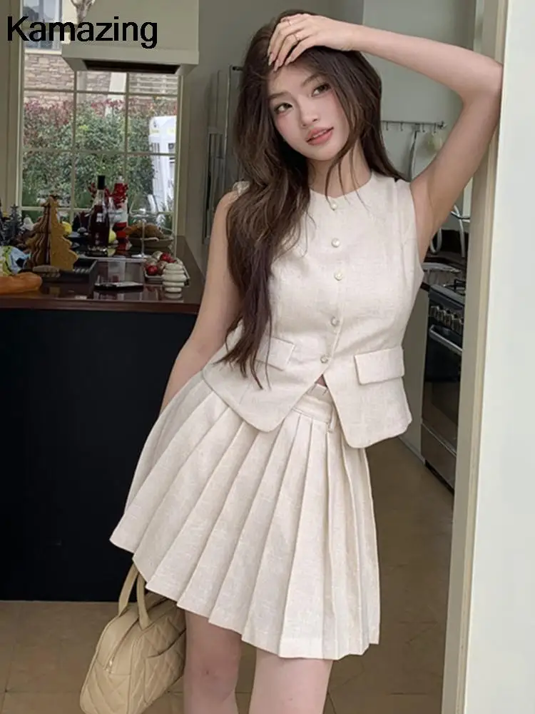 Summer Pleated Mini Skirt Set Korean Preppy Style Sleeveless Jacket 2 Piece Suit Women Elegant Office Workwear Ladys Clothing
Summer Pleated Mini Skirt Set Korean Preppy Style Sleeveless Jacket 2 Piece Suit Women Elegant Office Workwear Ladys Clothing