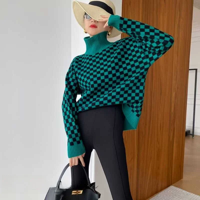 Loose Knitted Color Block Plaid High Neck Sweater Autumn Winter New Style Comfortable Fit Checkered Top for Women
Loose Knitted Color Block Plaid High Neck Sweater Autumn Winter New Style Comfortable Fit Checkered Top for Women