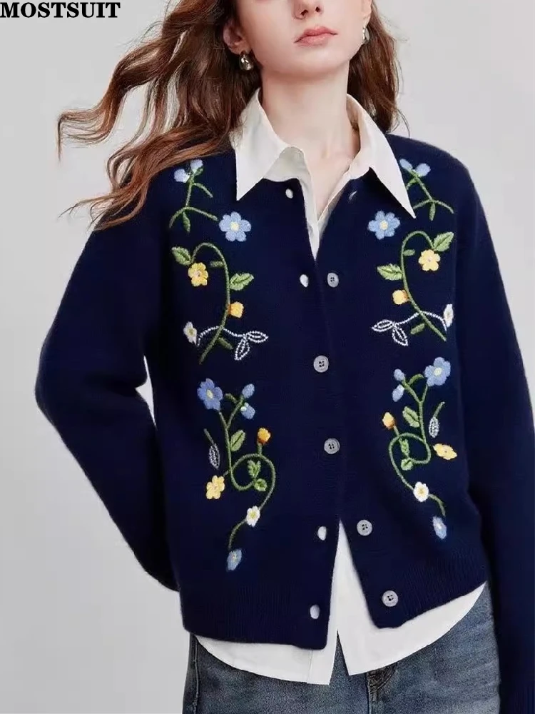 Flower Embroidery Knit Sweater Cardigan Women 2025 Autumn Winter Long Sleeve O-neck Knitwear Tops Elegant Fashion Jumpers
Flower Embroidery Knit Sweater Cardigan Women 2025 Autumn Winter Long Sleeve O-neck Knitwear Tops Elegant Fashion Jumpers