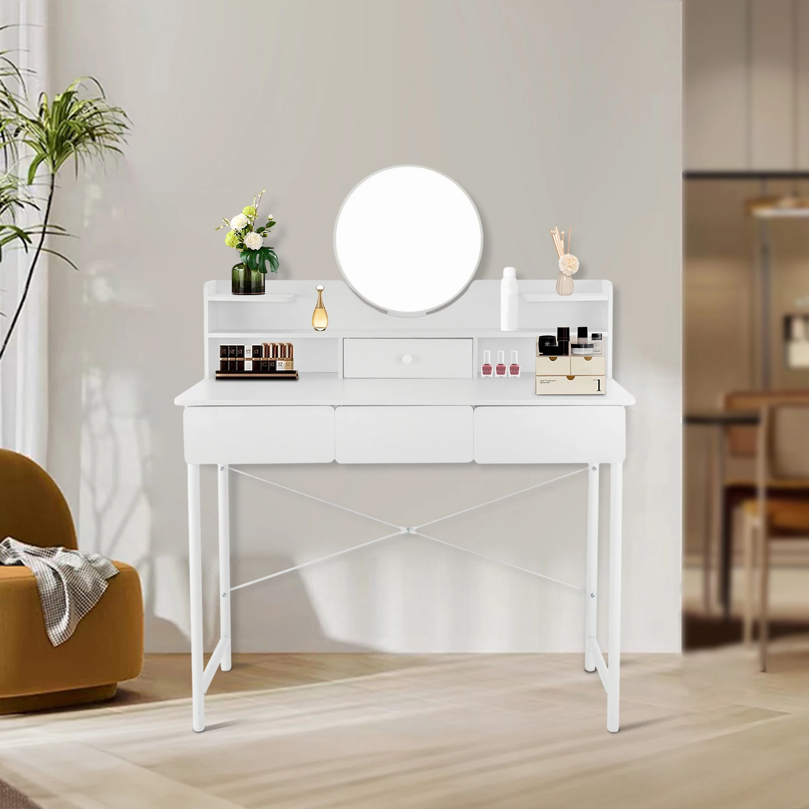 Vanity Dressing Table with Adjustable Lighting and 360° Rotatable Mirror , Multi-Function Makeup Desk Storage Drawer and Shelf
Vanity Dressing Table with Adjustable Lighting and 360° Rotatable Mirror , Multi-Function Makeup Desk Storage Drawer and Shelf