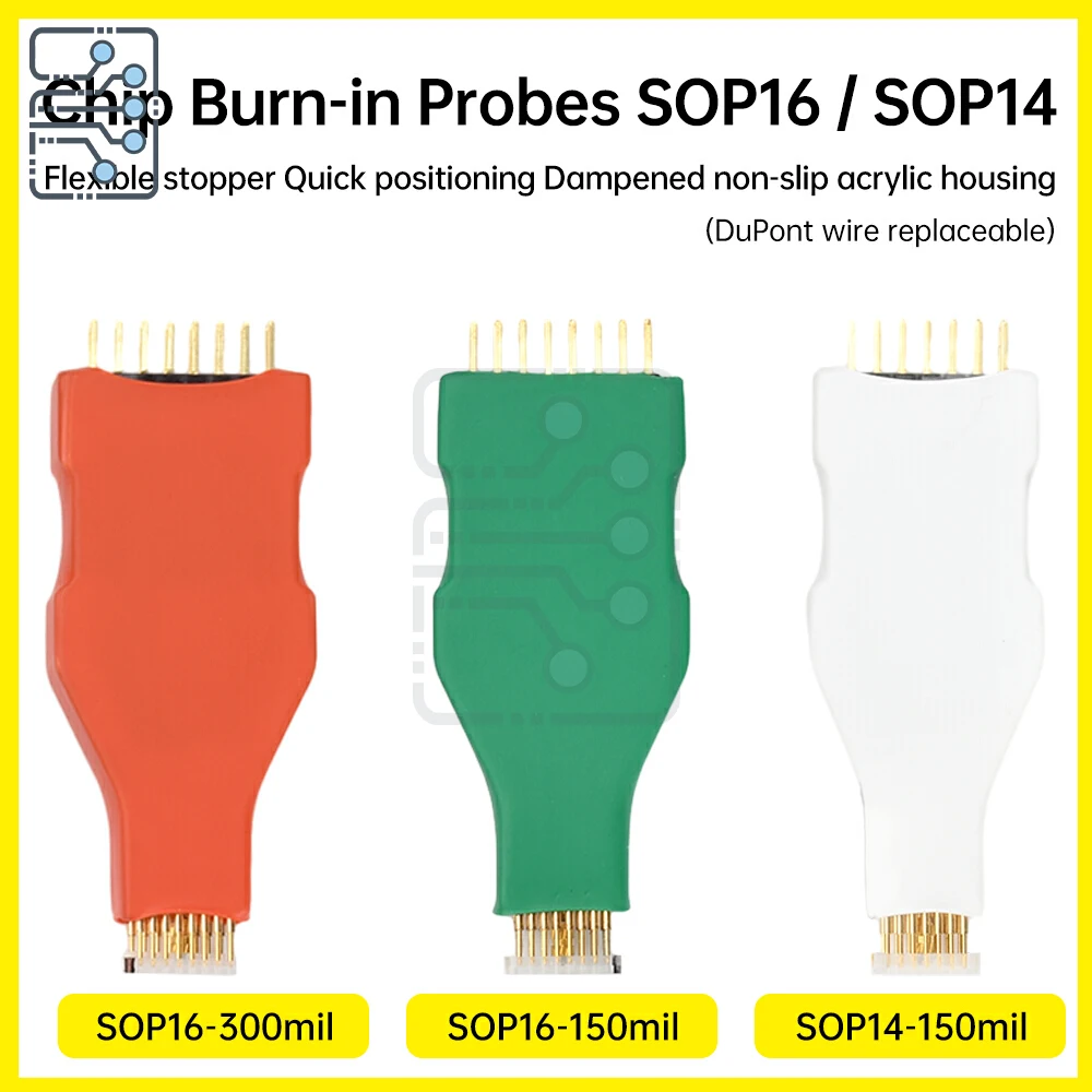 SOP14/SOP16 micro chip spring pin burning read and write test probe No need to remove the wire download line programmer 
SOP14/SOP16 micro chip spring pin burning read and write test probe No need to remove the wire download line programmer
