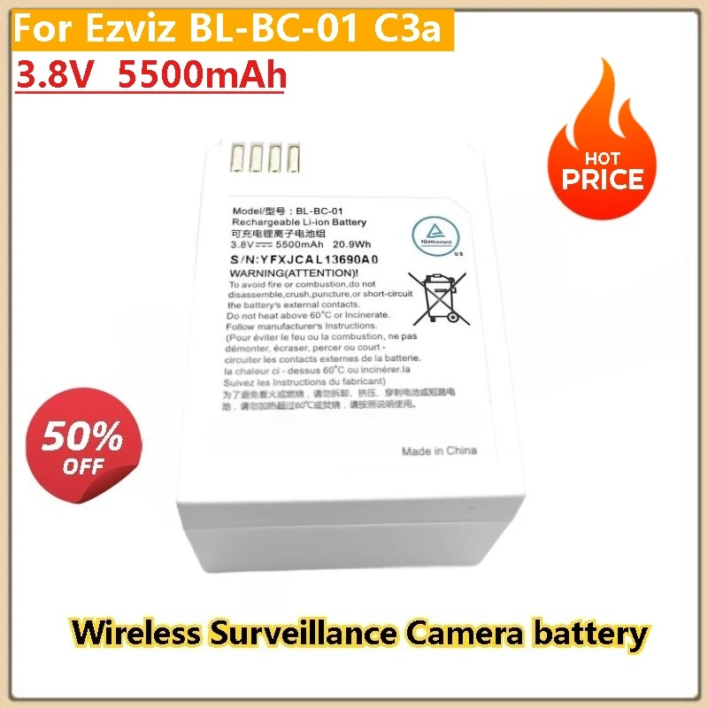 High Quality Wireless Surveillance Camera Battery 3.8V 5500mAh for Ezviz BL-BC-01 C3a
High Quality Wireless Surveillance Camera Battery 3.8V 5500mAh for Ezviz BL-BC-01 C3a
