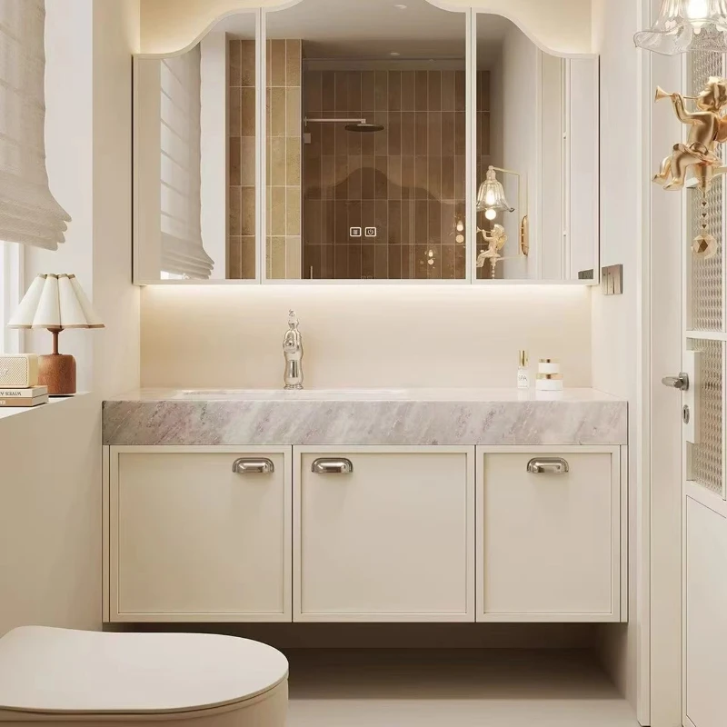 French Solid Wood Bathroom Cabinet with Smart Light Emitting Diode Mirror Ceramic Basin Wall Mounted Eco-Friendly Dressing Table
French Solid Wood Bathroom Cabinet with Smart Light Emitting Diode Mirror Ceramic Basin Wall Mounted Eco-Friendly Dressing Table