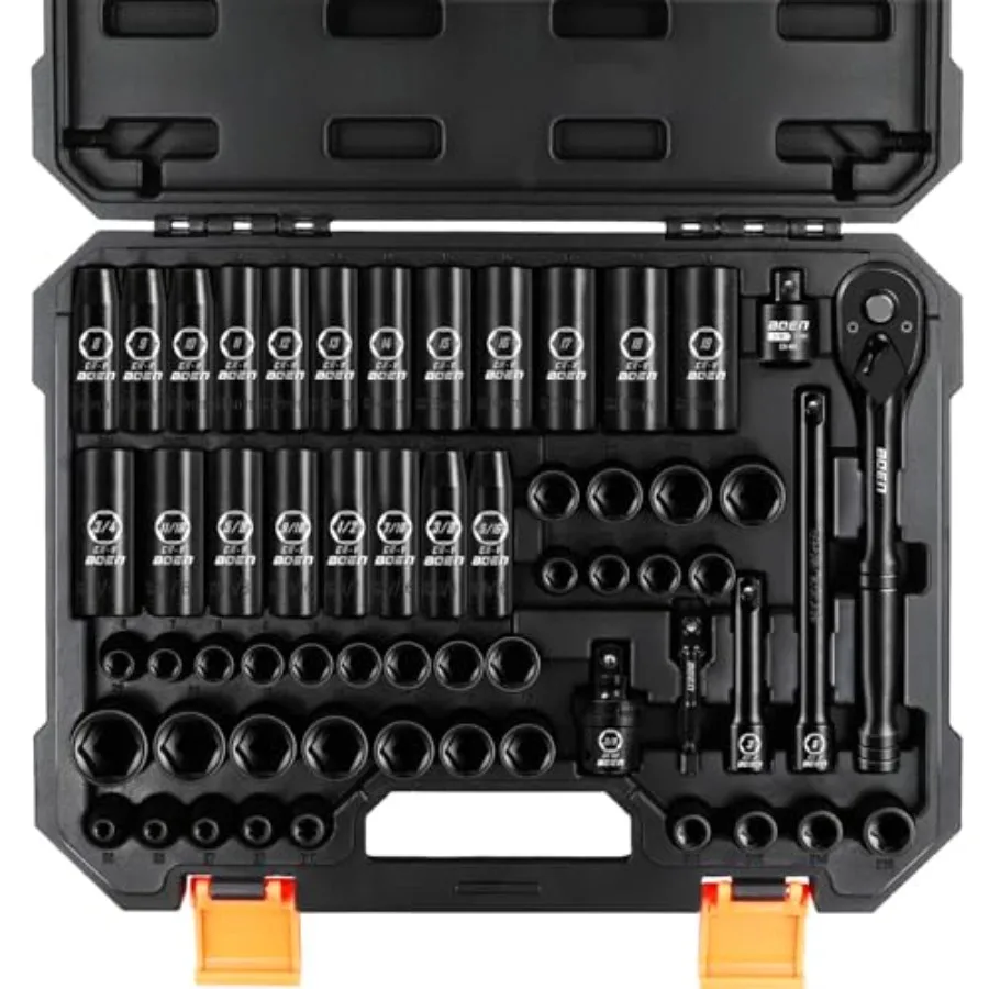 3/8" Drive Impact Socket Set 59-Piece Standard SAE 5/16 to 3/4 inch and Metric (6-22mm) Include 9-Piece E-Torx Socket Set (E5-E
3/8" Drive Impact Socket Set 59-Piece Standard SAE 5/16 to 3/4 inch and Metric (6-22mm) Include 9-Piece E-Torx Socket Set (E5-E